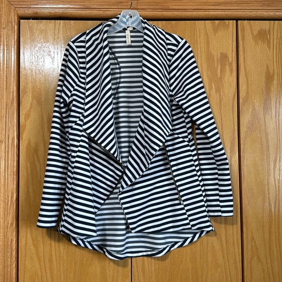 Navy & White Striped Asymmetrical Zip Jacket - Picture 5 of 5